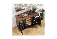 homfan 53" Coffee Bar Cabinet, Charging Station, Mini Fridge Cabinet with Wine Rack, Fluted Liquor Cabinet, Large Buffet Sideboard Table