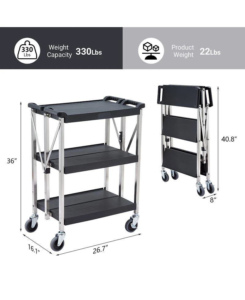 homfan 3 Tier Bar Cart, 26Inch Collapsible Rolling Service Cart with Locking Wheels for Kitchen or Pantry