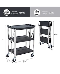 homfan 3 Tier Bar Cart, 26Inch Collapsible Rolling Service Cart with Locking Wheels for Kitchen or Pantry