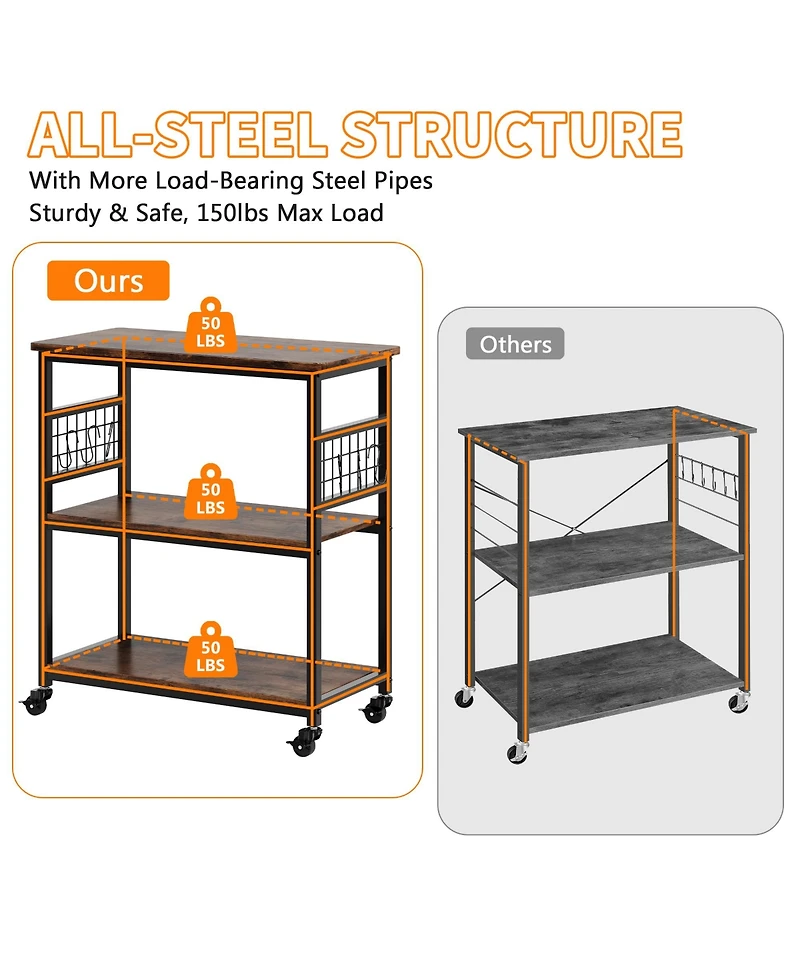 homfan 3 Tier Bar Cart, 32 Inch Brown Rolling Kitchen Island Cart with Locking Wheels and Hooks for Kitchen or Pantry