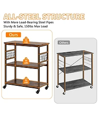 homfan 3 Tier Bar Cart, 32 Inch Brown Rolling Kitchen Island Cart with Locking Wheels and Hooks for Kitchen or Pantry