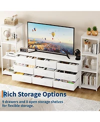 homfan Industrial Tv Stand Dresser, 9 Fabric Drawers and 2 Four-Tier Storage Shelves, Fits TVs Up to 75 Inches, Large Media Console for Living Room