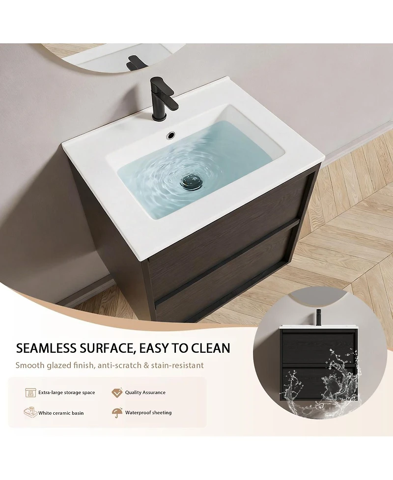 Sillysis Wall Mounted Bathroom Vanity with Ceramic Sink, Soft Close Drawers, Floating Black Cabinet