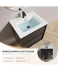 Sillysis Wall Mounted Bathroom Vanity with Ceramic Sink, Soft Close Drawers, Floating Black Cabinet