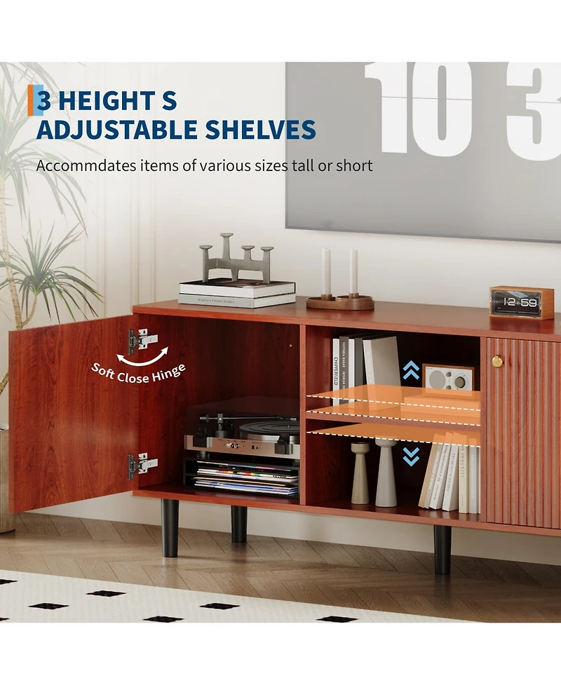 homfan Fluted Tv Stand for TVs up to 65in, Mid Century Modern Wooden Entertainment Center, Adjustable Shelf and 2 Storage Doors