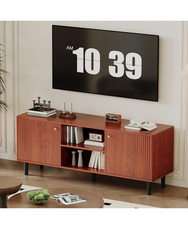 homfan Fluted Tv Stand for TVs up to 65in, Mid Century Modern Wooden Entertainment Center, Adjustable Shelf and 2 Storage Doors
