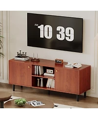 homfan Fluted Tv Stand for TVs up to 65in, Mid Century Modern Wooden Entertainment Center, Adjustable Shelf and 2 Storage Doors