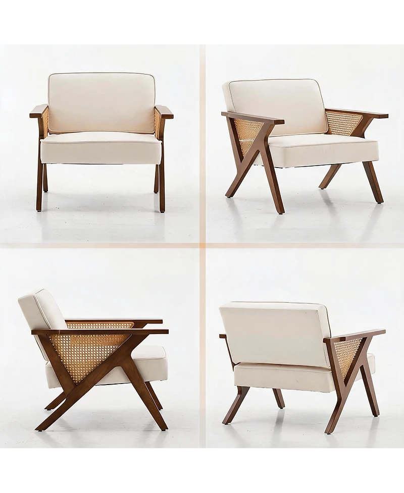 homfan Mid-Century Modern Accent Chair, Linen Upholstered Armchair with Rubberwood Frame and Soft Cushion, Lounge Chair for Living Room, Bedroom