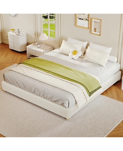 homfan Minimalist Queen Cloud Frame Corduroy Upholstered, Low Platform, Round Wood Legs, No Headboard, No Box Spring Needed, Quiet and Easy Assembly