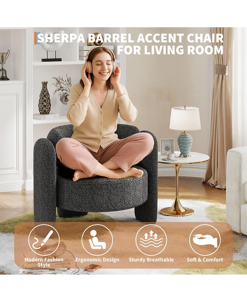 homfan Set of 2 Modern Chenille Armchairs for Living Room, Mid-Century Upholstered Barrel Chairs, Rounded Corners, Extra Large Single Sofa