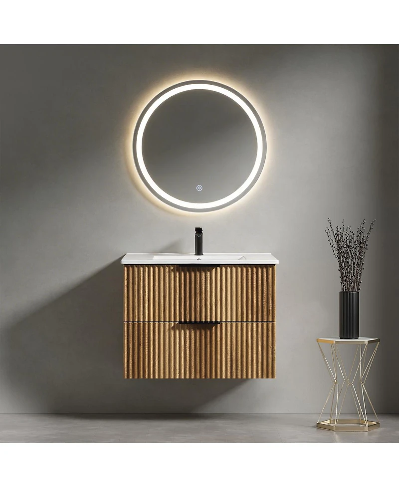 Sillysis Wall Mounted Bathroom Vanity with 3D Fluted Drawer, Integrated Ceramic Sink