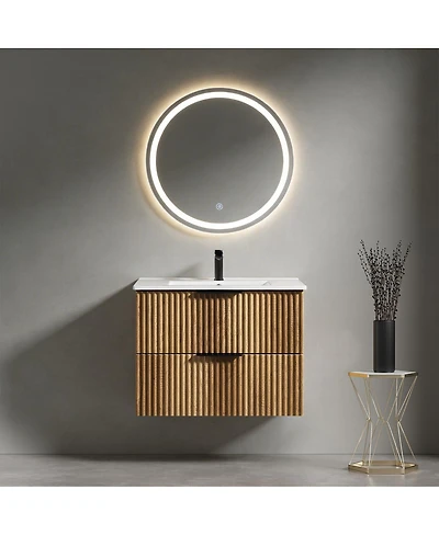 Sillysis Wall Mounted Bathroom Vanity with 3D Fluted Drawer, Integrated Ceramic Sink