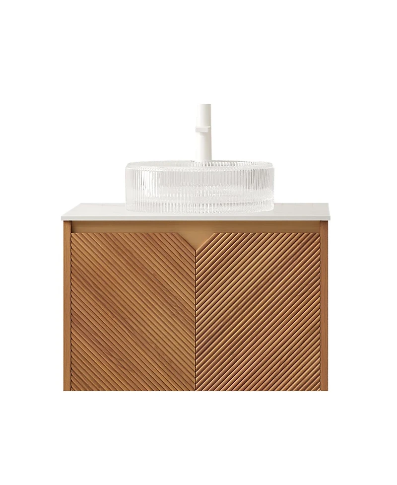 Sillysis Floating Bathroom Vanity with Glass Vessel Sink, Carrara Sintered Stone Top, Solid Wood Door, Twill Metal Trim
