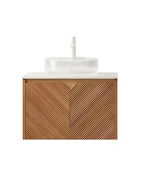 Sillysis Floating Bathroom Vanity with Glass Vessel Sink, Carrara Sintered Stone Top, Solid Wood Door, Twill Metal Trim