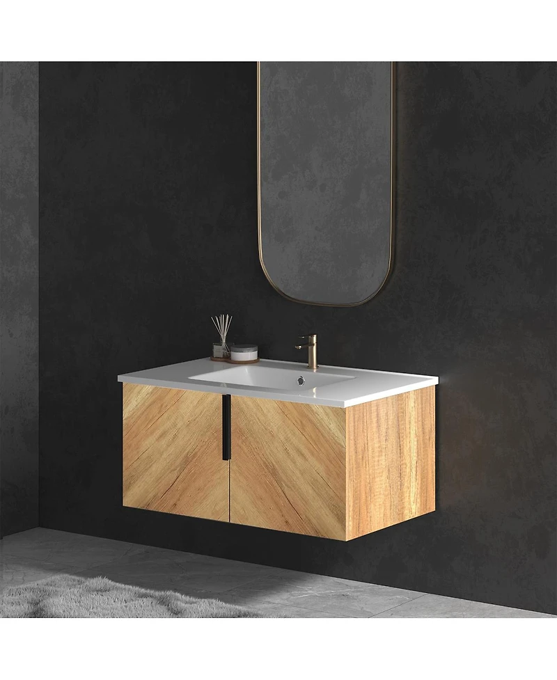 Sillysis Modern Wall Mounted Bathroom Vanity, 3D Fluted Double Door Cabinet, Integrated Ceramic Sink
