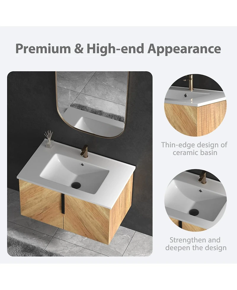 Sillysis Modern Wall Mounted Bathroom Vanity, 3D Fluted Double Door Cabinet, Integrated Ceramic Sink