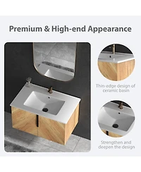 Sillysis Modern Wall Mounted Bathroom Vanity, 3D Fluted Double Door Cabinet, Integrated Ceramic Sink