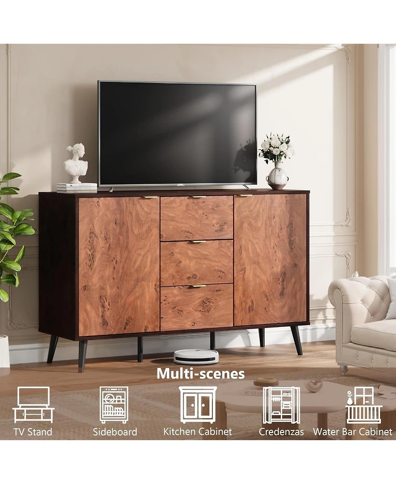 homfan Buffet Credenza with Spacious Storage, Drawers, Shelves and Metal Handles, Coffee Bar Cabinet for Dining Room, Kitchen, Robot Air Pump Friendly