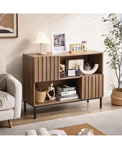 homfan Modern Farmhouse Entryway Console with Wavy Pattern, Storage Buffet with Display Shelves, Metal Legs and Soft-Close Doors for Multi-Space Use