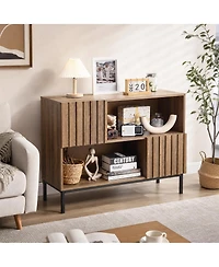 homfan Modern Farmhouse Entryway Console with Wavy Pattern, Storage Buffet with Display Shelves, Metal Legs and Soft-Close Doors for Multi-Space Use
