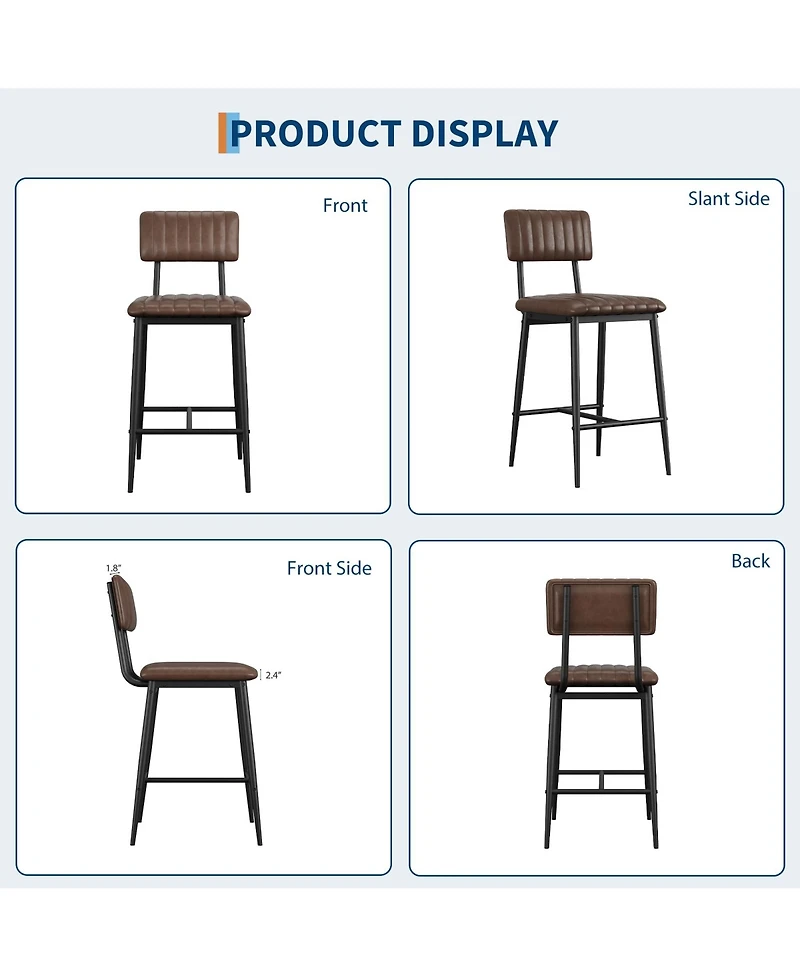 homfan Counter Height Bar Stools Set of 2, Upholstered Chairs with Back, Footrest and Thick Padded Seat, Metal Legs for Kitchen Island