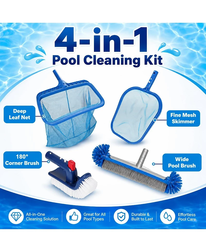Xdovet Pool Skimmer Net Rake Brush Set 4Pieces
