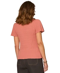 Democracy Petite Flounce Crochet Round Neck Sweater