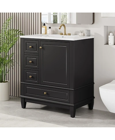 Thirtypeachy 30" Freestanding Vanity With Ceramic Sink, Solid Wood and Mdf Cabinet, Soft-Close Door 3 Drawers Organizer
