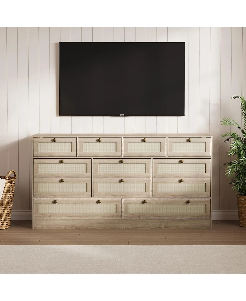 homfan Modern 12 Drawer Wooden Dresser for Bedroom, Wide Rattan Accent Chest, Wood Storage Cabinet, Tv Stand for 65" Tv, Organizer for Living Room