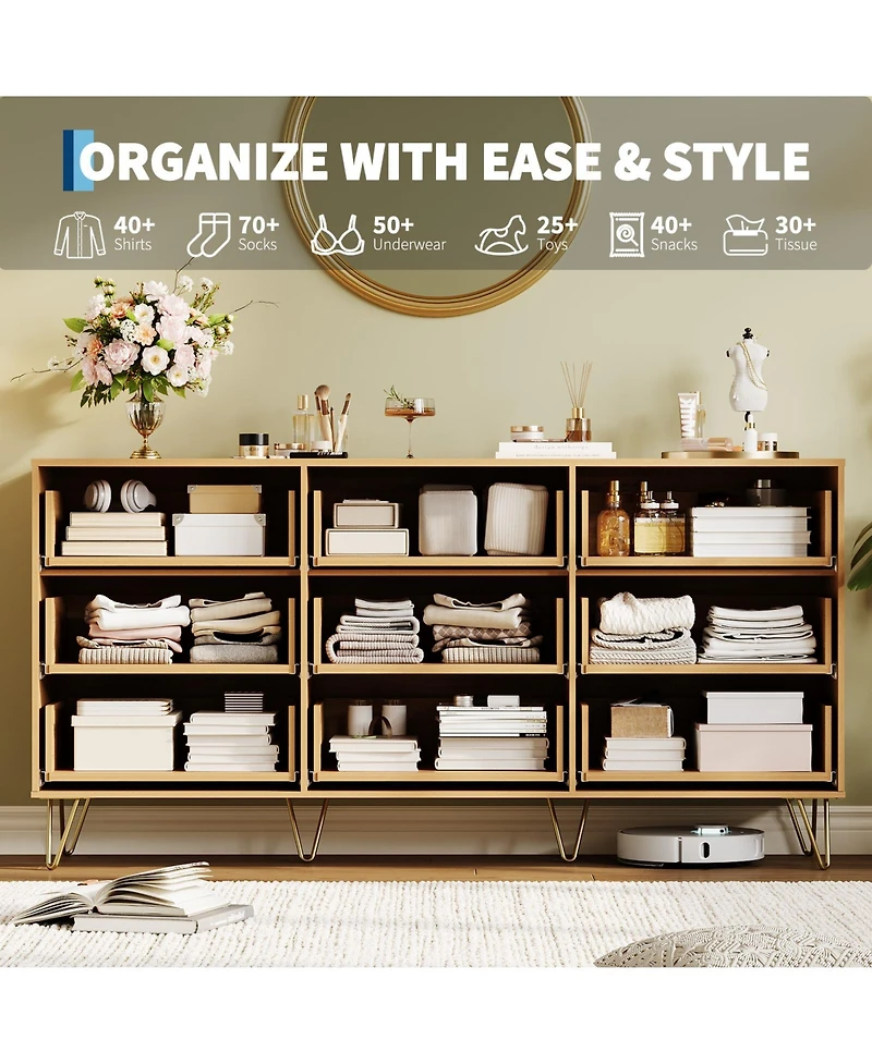 homfan Fluted 9-Drawer Bedroom Dresser, 63" Wide Modern Wooden Chest with Metal Handle,Clothes Storage Organizer, Tv Stand for Living Room, Hallway