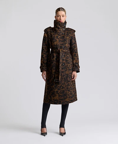Avec Les Filles Womens Leopard Wool Trench Coat