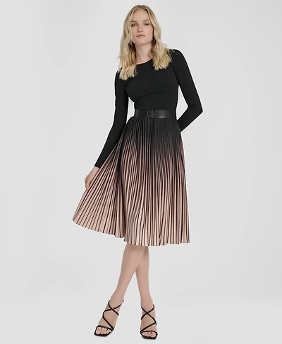 Dkny Women's Pleated Jewel Neck Belted Midi Dress