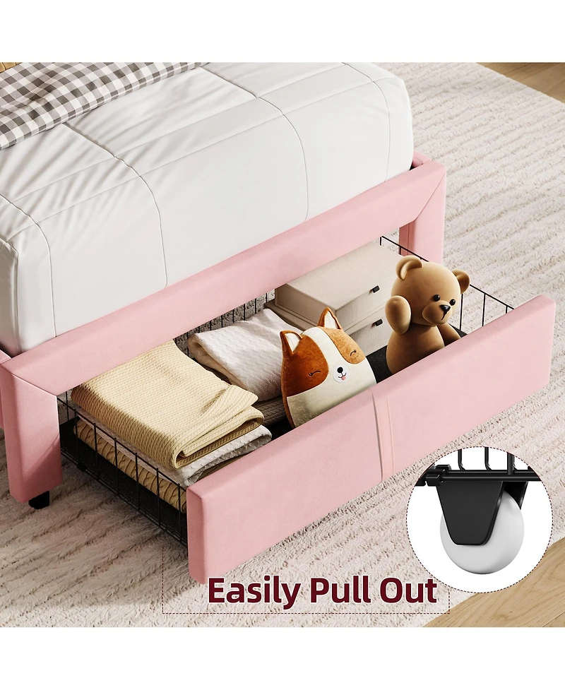 homfan 2 Piece Twin Velvet Upholstered Platform Bed Frame with Storage Bookcase Headboard and Large Drawer, No Box Spring Needed, Easy Assembly