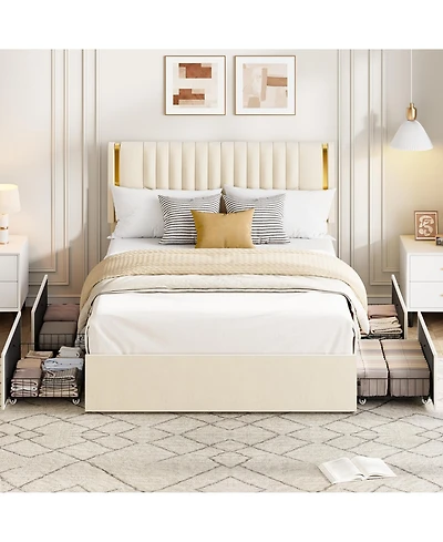 homfan Bed Frame with Adjustable Upholstered Headboard, Vertical Channel Tufted Platform with 4 Storage Drawers, Wooden Slats Support