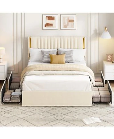 Homfan Bed Frame With Adjustable Upholstered Headboard Vertical Channel Tufted Platform With 4 Storage Drawers Wooden Slats Support Easy Assembly