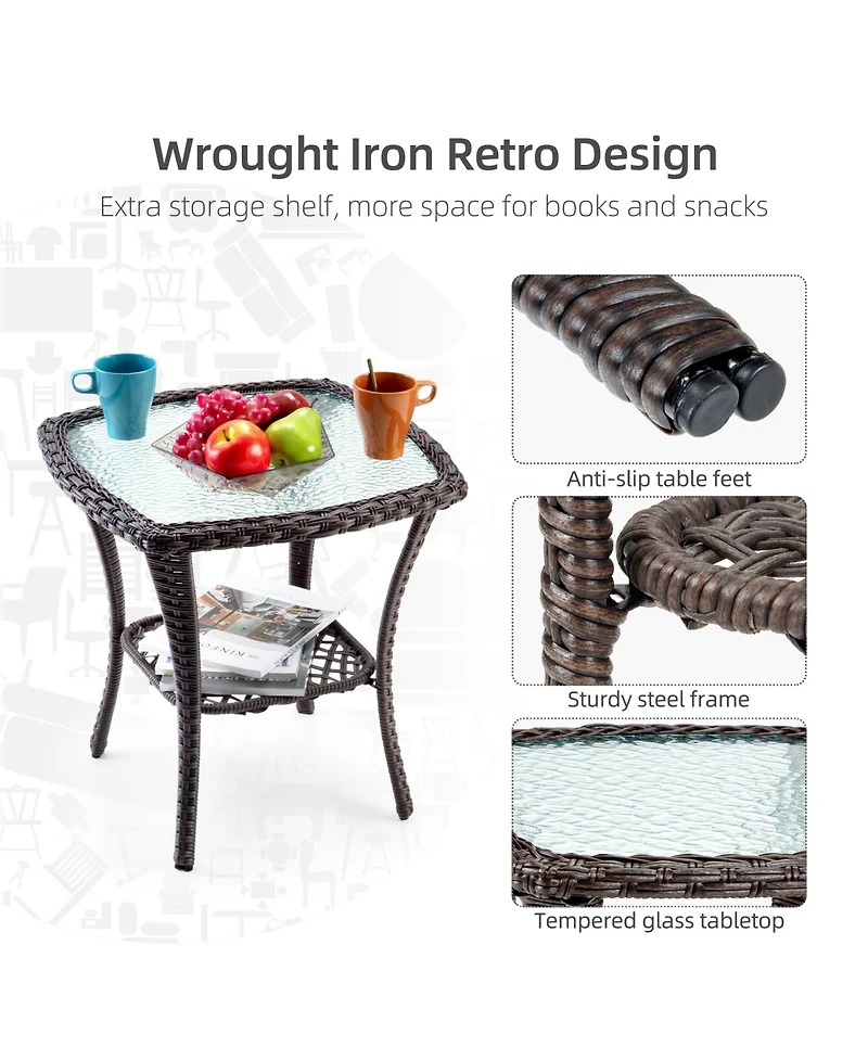 homfan Piece Outdoor Wicker Bistro Set, Swivel Rocker Chairs with Cushions and Glass Table for Patio or Garden