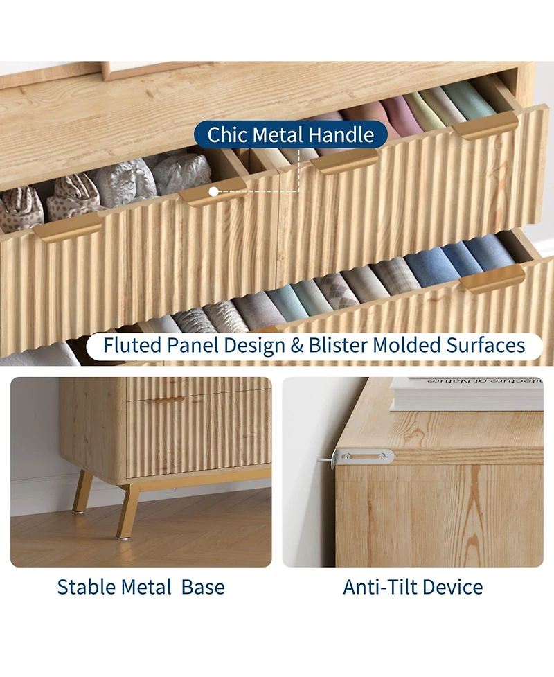 homfan Modern Fluted 7 Drawer Dresser, Wooden Chest with Golden Handles, Iron Base, Storage and Tv Stand for Bedroom, Living Room, Entryway