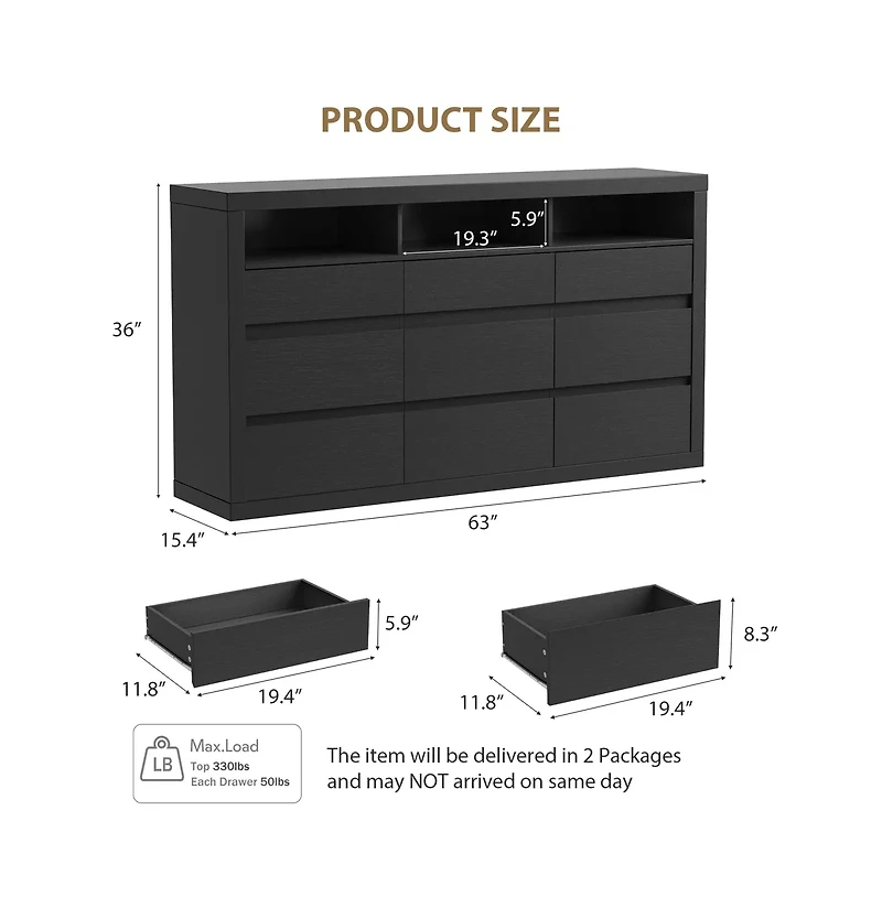 homfan 9 Drawer Dresser, Modern Wooden Chest of Drawers with 3 Open Shelves, Dresser for Bedroom, Living Room, Closet Storage