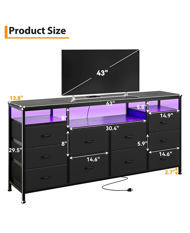 homfan 10-Drawer Dresser Tv Stand with Led Lights and Power Outlets, Long Storage Cabinet for 65-75 Inch TVs, Modern Chest Bedroom