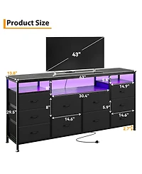 homfan 10-Drawer Dresser Tv Stand with Led Lights and Power Outlets, Long Storage Cabinet for 65-75 Inch TVs, Modern Chest Bedroom
