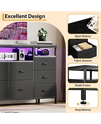 homfan 10-Drawer Dresser Tv Stand with Led Lights and Power Outlets, Long Storage Cabinet for 65-75 Inch TVs, Modern Chest Bedroom