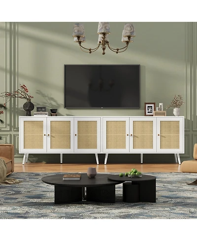 homfan 2 Piece Buffet Storage Cabinet, Rattan Sideboard with Adjustable Shelves, Modern Coffee Bar Credenza for Kitchen, Living Room