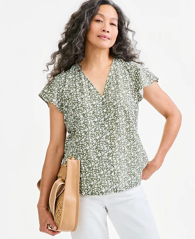 Style & Co Women's Floral-Print Short-Flutter-Sleeve Cotton-Blend Blouse, Macy's Exclusive