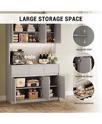 homfan Tall Kitchen Pantry Cabinet with Led Lights and Power Outlets – Adjustable Shelves, Handless Doors, Microwave Stand, Storage Hutch
