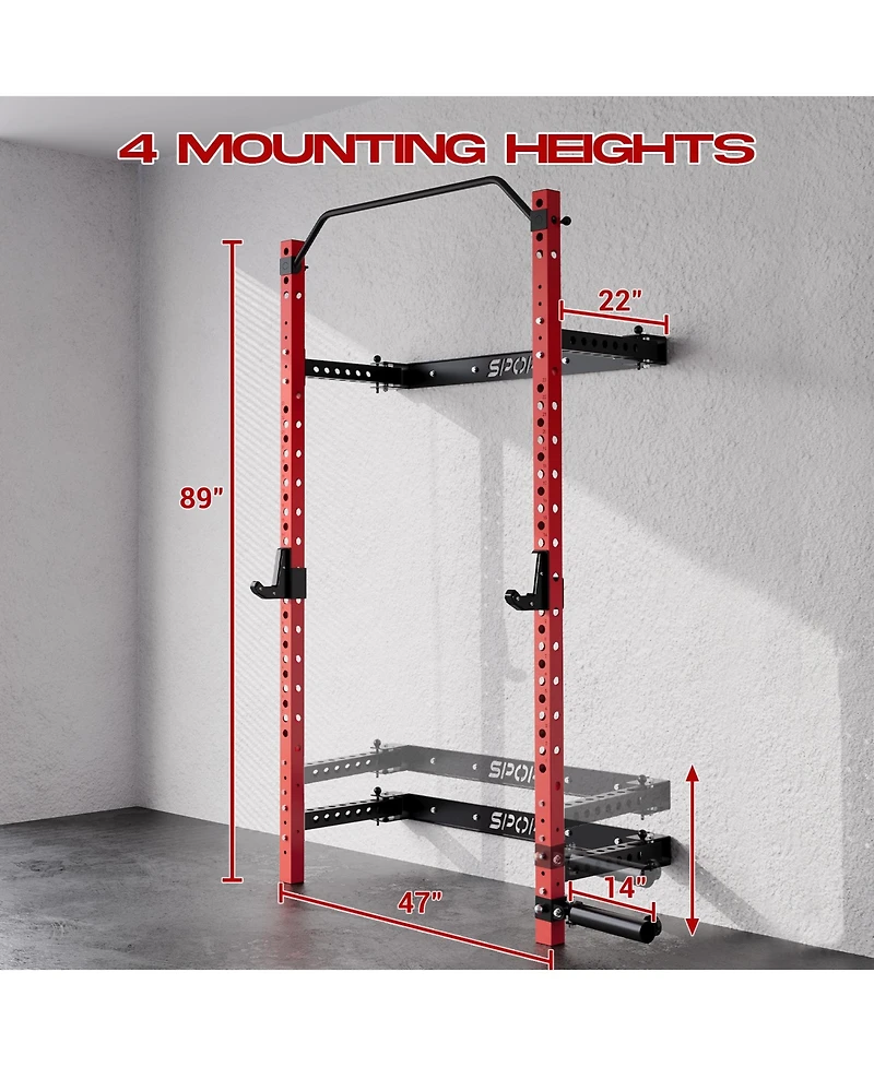 homfan 89" Wall-Mounted Folding Squat Rack with Spotter Arms, Home Gym Power Rack for Bench Press Pull Ups Exercise