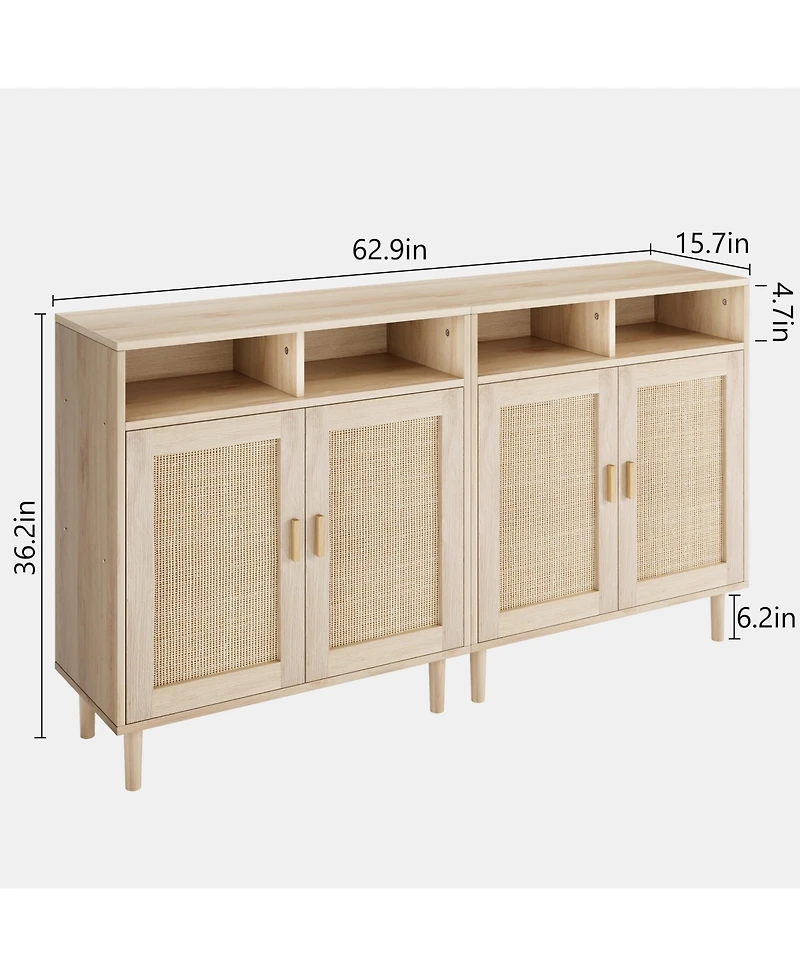 homfan 2-Pack Boho Rattan Coffee Table and Buffet Cabinet Set, 2-Door with Open Shelf, Adjustable Multi-Purpose Console for Home Spaces
