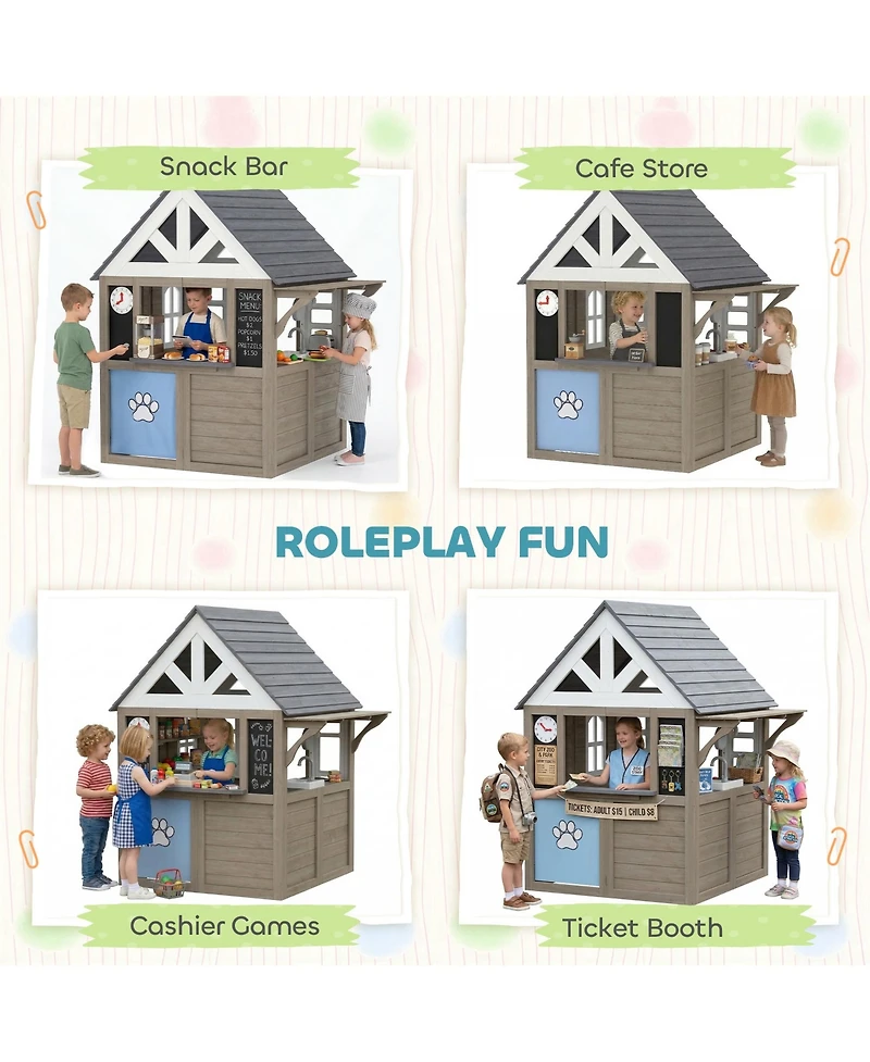 Qaba Outdoor Playhouse with Dog Door, Flower Box, Cookware for Backyard