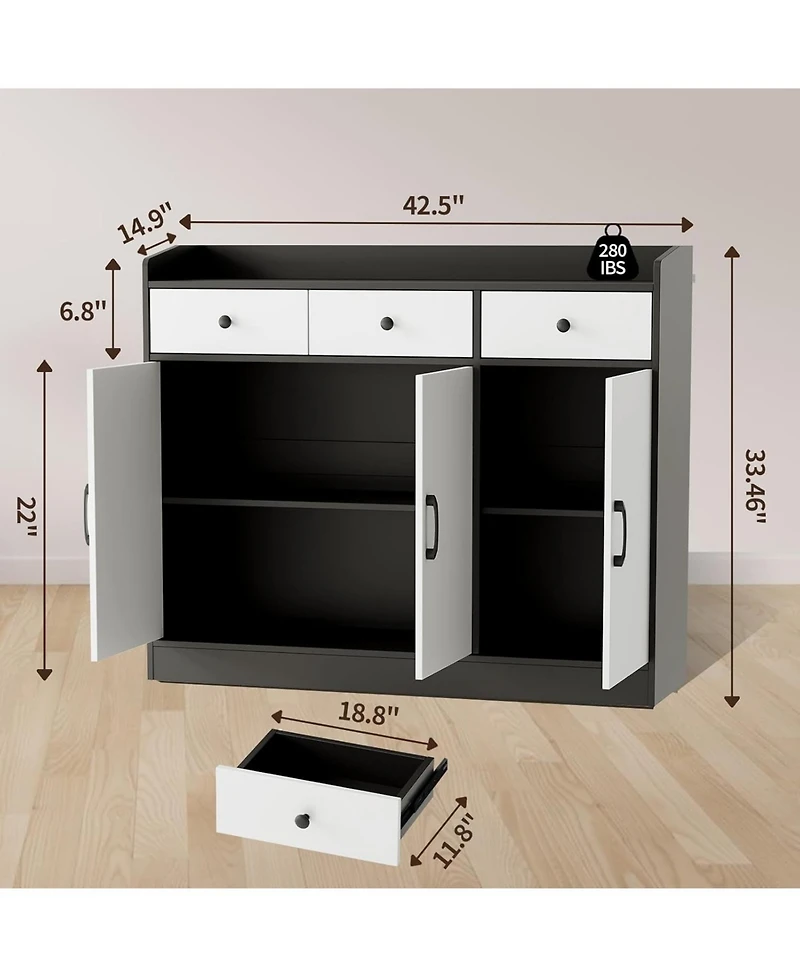 homfan Modern Wooden Sideboard Cupboard with 3 Drawers and Adjustable Shelves, Multi-Purpose Console for Kitchen, Dining and Living Room