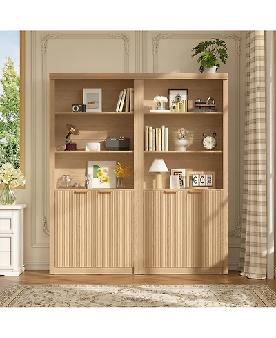 homfan 2 Set of Modern Tall Wooden Bookcase with 5 Adjustable Compartments and Doors, Freestanding Shelf with Ample Storage for Home Office