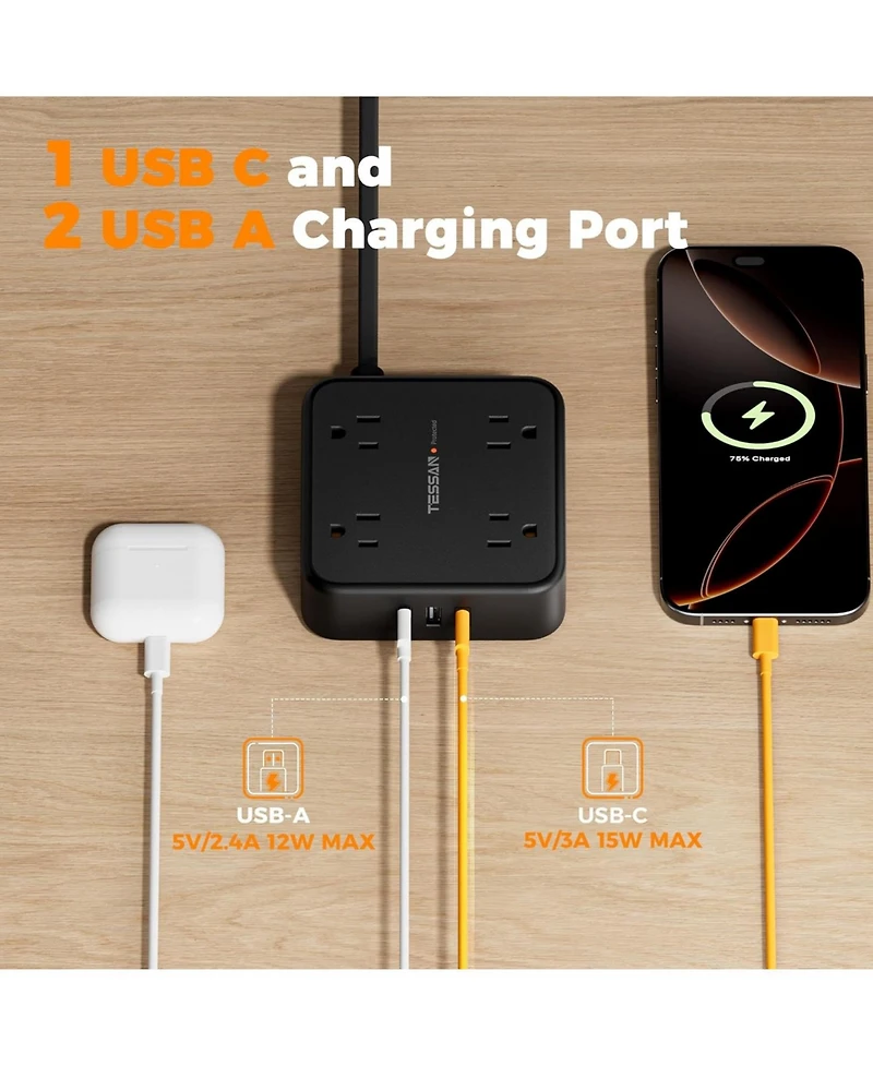 Tessan Surge Protector Power Strip , 5 Feet Flat Plug Extension Cord with 3 Usb (1 Usb C) 8 Outlets, 900J Surge Protection, 3 Sided Outlet Extender